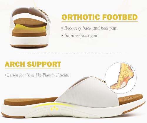 COFACE Womens Dressy Orthotic Slides Ladies Yoga Mat Memory Foam Cushion Recovery Walking Sandals Open Toe Strap Summer Slippers Comfortable Plantar Fasciitis Arch Support White Khaki Size 8.53