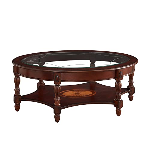BAXMUY Traditional Solid Wood Oval Coffee Table, 45" x 18" Cherry Walnut Finish with Tempered Glass Top & Vintage Carved Edge, Elegant Center Table for Living Room