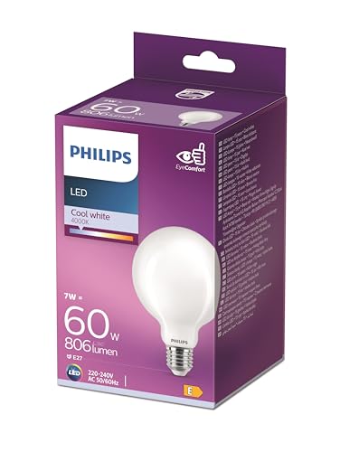 Ampoule LED Globe E27 Philips blanc froid : efficacité énergétique 60W en verre dépolie