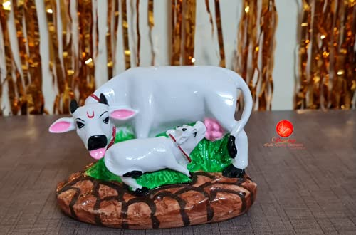Image of SAUDEEP INDIA Good Luck Gift Items Art Handicraftgiftgallery Decorative Marble dust /Polyresin Cow and Calf Showpiece Idols and Figurines, 5x3x3Inch (White Cow)