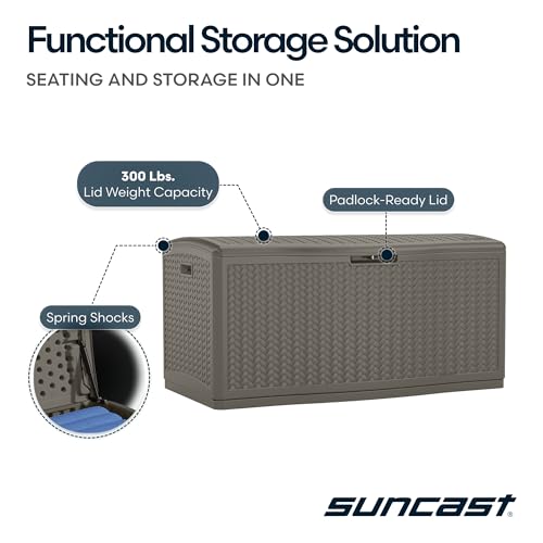 Suncast Extra Large Deck Box - 124 Gallon Resin Outdoor Storage Box Waterproof with Lockable Lid for Outdoor Cushion Storage & Garden Gear, Stoney Grey Wicker Bin for Patio, Porch, Pool, & Yard