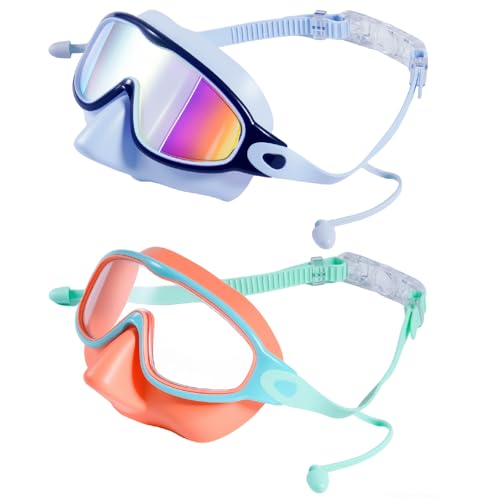MKEOIEAU 2PCS Kids Swimming Goggles with Nose Cover Wide View Adjustable Anti-Fog UV Protection Swim Goggle for 3-15 Boys Girls Youth