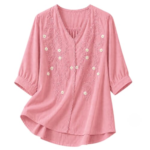 Image of RIEKA Womens Embroidered Korean Style Top and Tunic; V Neck| Floral Thread Embroidery| Three Quarter Puff Sleeves |Relaxed Fit Curved Hem| Casual Everyday Fusion Top