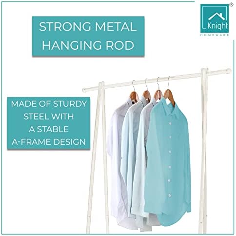 Knight 2 Tier Metal Garment Rack White, Clothes Rail and Coat Stand, Heavy Duty, With 2 Lower Storage Shelve, H 155cm W 87.5cm D 41cm (White)