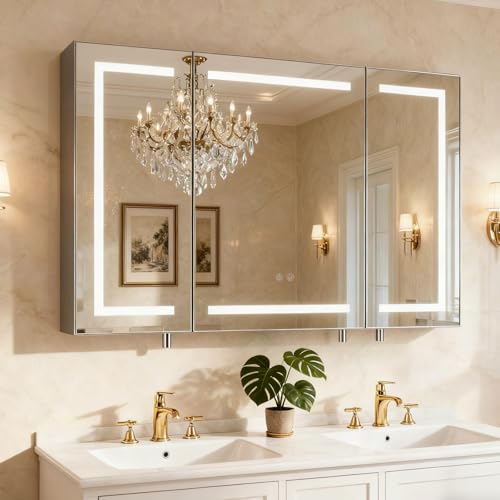 Bathroom Medicine Cabinet with Lights and Mirror, 40 x 24 Inch Lighted LED Mirror Cabinet, Anti-Fog, Dimmable, 3-Color Light, Wall Mounted LED Bathroom Mirror with Storage, 3 Doors, Black by Seenvlog - Used condition - CA$329.12
