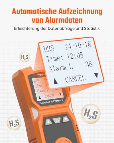 TOPTES Guard-611 H2S Monitor, tragbarer H2S Detektor mit Clip, aufladbar und 5-Tage-Batterielaufzeit, dreifacher Alarm (Ton, Licht, Vibration), Messbereich 0-100 PPM, explosionsgeschützt-Orange