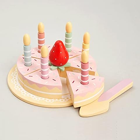 Hooga Playroom Wooden Birthday Cake Toy Pretend Food Role Play Set for Children Cutting Toys With Removable Candles and Strawberry Decoration - Light Pink Cover