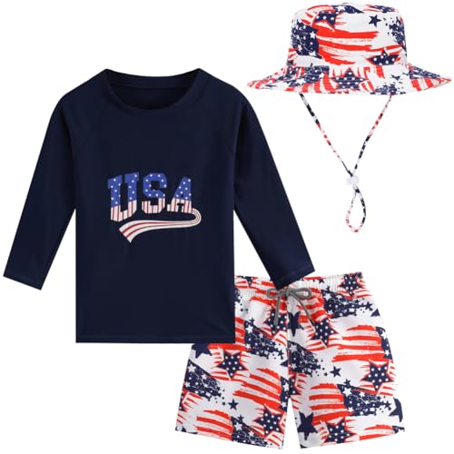Baby Boys Swimsuit, 3-Piece Toddlers Swimsuit Trunk Long Sleeve Rashguard Swimwear and Sun Hat Set(USA,2-3 Years)