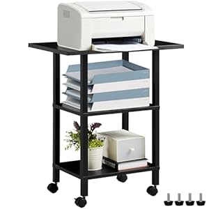 Lerliuo 3 Tier Printer Stand with Storage, Printer Table for Home Office, Wooden Rolling Printer Cart Shelf with Lockable Wheels fit Fax Machine, Scanner(Black)