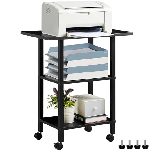 Lerliuo 3 Tier Printer Stand with Storage, Printer Table for Home Office, Wooden Rolling Printer Cart Shelf with Lockable Wheels fit Fax Machine, Scanner(Black)