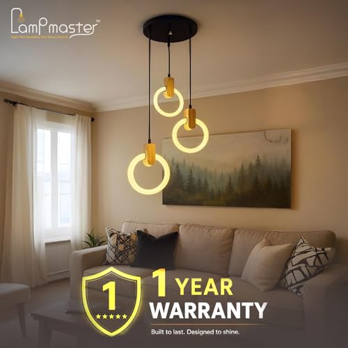 Image of Lampmaster 3-Ring LED Pendant Light | Modern Hanging Ceiling Lamp with Wooden Accent & Warm White Glow | Decorative Chandelier for Living Room, Dining Room, Bedroom, Restaurants & Cafe Interior