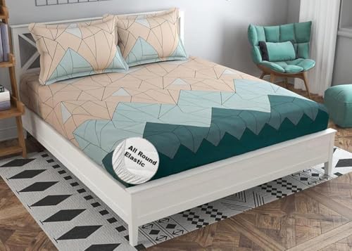 Image of Castiqa Elastic Fitted Supersoft Premium GlaceCotton 200TC King Size Bedsheets with 2 Pillow Covers (Fits Upto Mattress of 8 Inches) (Queen (60x78), Aqua S)