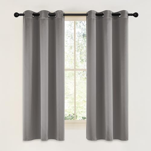 Image of NICETOWN Room Darkening Cafe Satin Curtains for Small Windows, 42 inch Wide by 63 inch Long, 2 Panels, Chrome Gray, Grommet Privacy Blackout Drapes for Play Room