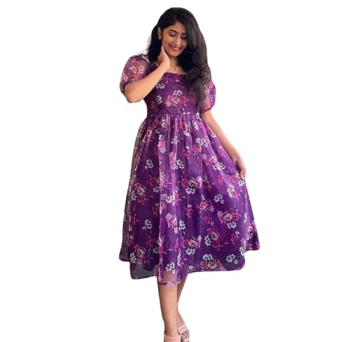 Image of Women's Floral Printed Georgette Standard Regular Fit and Flare Casual Knee Length Western Dress