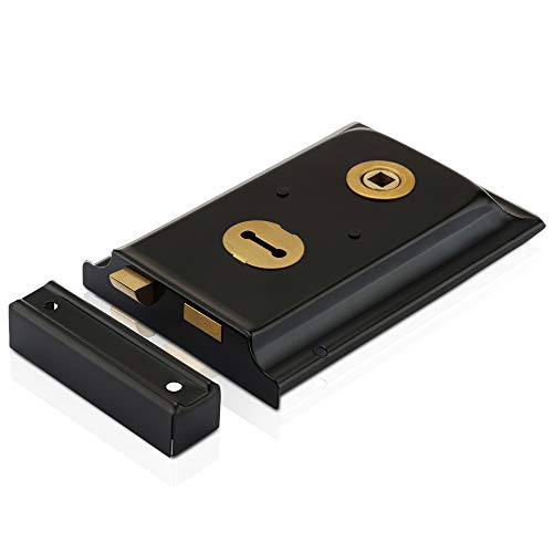 XFORT® Traditional 6 x 4 Rimlock, Surface Mounted Rim Sashlock with in-Built Latch and Key Operated Deadbolt, Ideal for Timber Doors or Gates on Outbuildings (Black).
