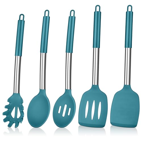 Herogo Kitchen Utensils Set, 5 Pieces Silicone Cooking Utensil with Stainless Steel Handle, Heat Resistant Kitchen Cooking Tools Turner Spoon Spatula for Nonstick Cookware Pan - Blue
