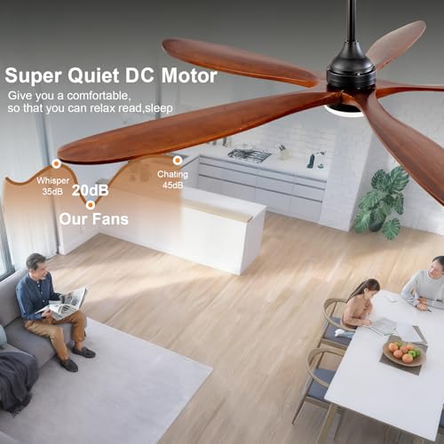 Image of 72 Inch Solid Wood Outdoor Ceiling Fans with Lights and Remote,Walnut 5 Blades,Dimmable,6 Speed Quiet DC Motor, Indoor Outdoor Ceiling Fan for Patios Bedroom Living Room