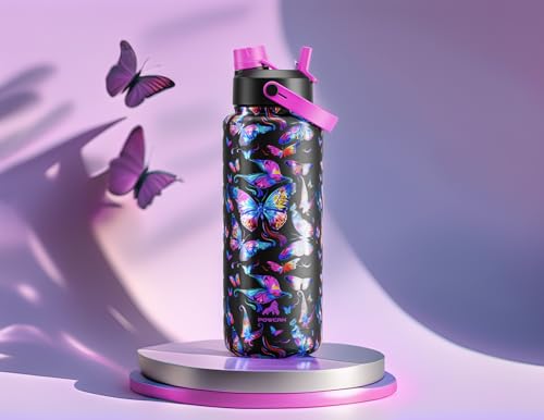 Image of POWCAN 40 oz Insulated Water Bottle with 2-in-1 Straw and Spout Lid, Keep Cold 24H, Leak-Proof, BPA-Free, Double Wall Stainless Steel Water Bottle for Sports, Gym, Travel, and School (Butterfly Waltz)