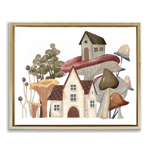 Whimsical Mushroom Town Botanical, 16 x 20 Inch Canvas in Floater Frame