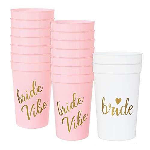 LADY&HOME Juego de 16 tazas de plástico para novias y damas de honor para despedidas de soltera, despedida de soltera, fiesta de novia, suministros de despedida de soltera y decoración (color rosa) Cover