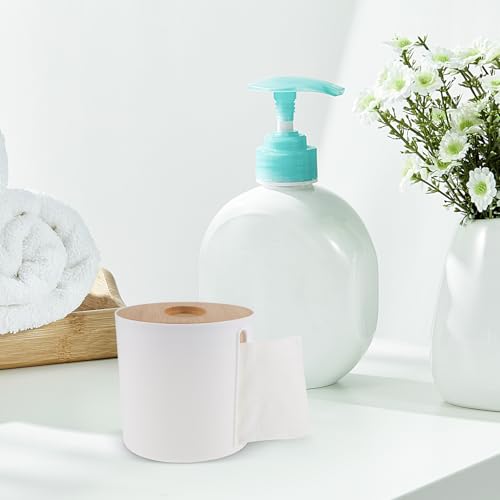 Portarrollos blanco de diseño resistente con tapa superior protectora de bambú 6