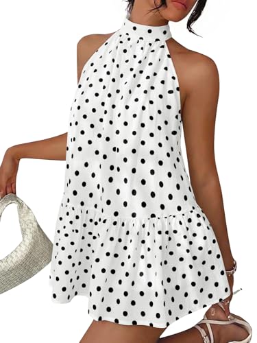 LILLUSORY Women Halter Dress Summer Mini Short Dresses A Line Polka Dot Petite Sundress Flowy Vacation Party Outfits 2026 Babydoll Trendy Resort Wear Date Night Tie Back Y2k Cute Clothes White M