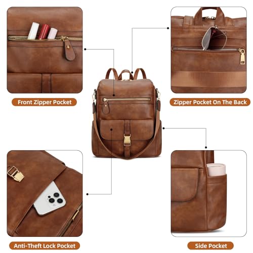 Image of KKXIU Backpack Purse for Women - Multi-pocket Leather backpack for Travel, Work & School with Anti-Theft Lock Pocket, Luggage Strap & Water Bottle Pockets - 13x14x5.2 Inch (B-Brown)