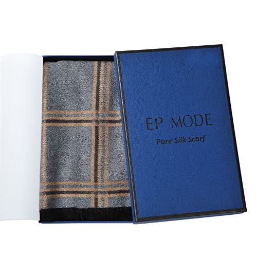 Ep Mode Men's Luxury Silk Brushed Scarf For Winter, Exceptionally Soft And Warm (Plaid Grey Camel) #TOP6
