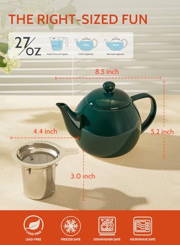 Image of Sweese Teapots for Tea, 27 oz Porcelain Tea pot with Removable Stainless Steel Infuser, Tea Pots for Loose Tea - Dark Green