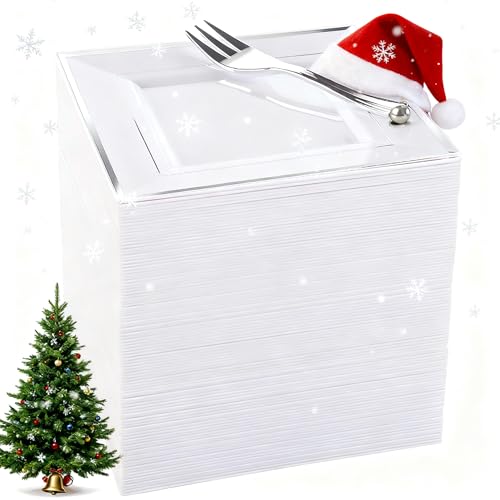 WDF Silver Plastic Dessert Plates with Plastic Forks - 6” 100 Square Disposable Appetizer Plates Small Plates Cake Plates with Silver Rim &100 Small Appetizer Forks for Christmas Party/Wedding