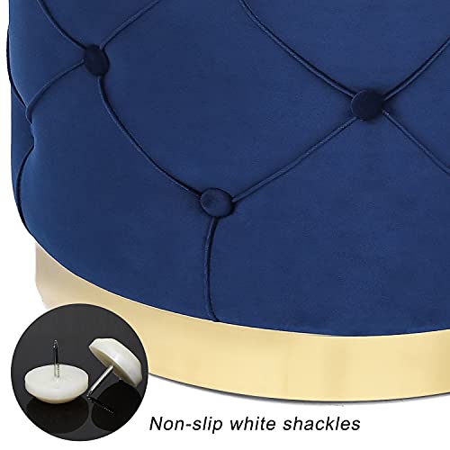 Homebeez 18.9" Round Velvet Storage Ottoman, Pre-Assembled Multi-Function Storage Vanity Stool, Button Tufted Accent Coffee Table With Golden Plate Base,Navy Blue #TOP5