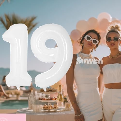 Image of SUWEN 40 Inch White Large 19 Number Balloons Big Foil Helium Number Balloons 0-9 Giant Jumbo Happy 19th Birthday Party Decorations for Men or Women Huge Mylar 91 Anniversary Party Supplies