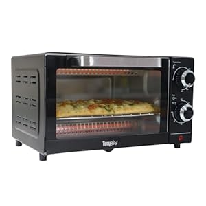 Total Chef Toaster Oven 4 Slice Small Compact Kitchen Appliance Pizza Bake Toast Rost Broil Bread Toaster Auto Shutoff timer Crumble Tray Natural Convection Countertop Black Stainless Steel