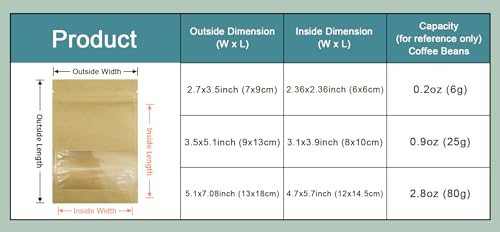 PABCK 50 peças, 3 tamanhos, janela transparente, papel kraft, saco resselável, pacotes de sementes,