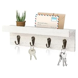 Rustic Key Holder for Wall, Farmhouse Wall Shelf with 4 Hooks, Wall Mounted Key Racks, Wooden Mail Organizer with Hooks for Entryway (White)