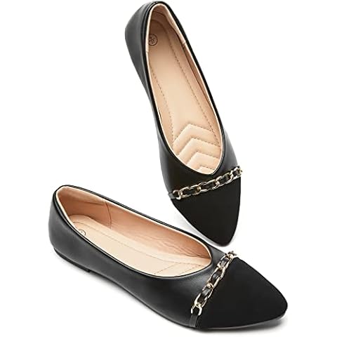 BABUDOG Women's PU Leather Flats Shoes,Black and White Dress Shoes,Crimping Faux Suede Pointed-Toe Flats(Black.US8) Cover