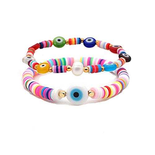 Pingyongchang 2Pcs/Set Rainbow Clay Beads Evil Eye Bracelets Set Stackable Beaded Handwoven Colorful Bracelet Surfer Summer Boho Layering Friendship Jewelry for Women Men Beach
