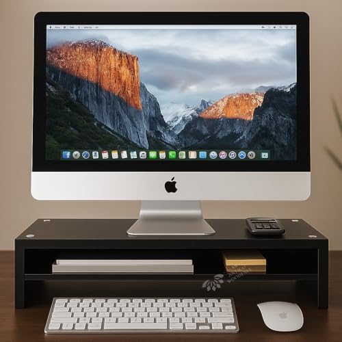 Image of Wooden Monitor Stand with Storage Organizer For Desk, Tables, Office, Home, Studio, Study Table | Desktop Ergonomic Monitor Stand Riser (Black, Large)