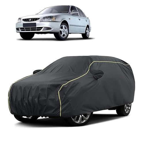Image of Sulfar 100% Water Resistant Car Body Cover Compatible with Mirror for Hyundai Accent Viva (Triple Stitched, Full Bottom Elastic, Dark Grey Taffeta with Yellow Piping)