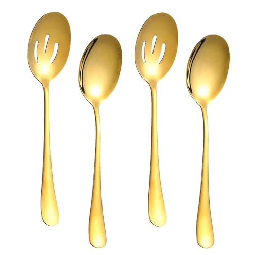 4-teiliges Servierlöffel-Set, enthält 2 Servierlöffel und 2 Schlitzlöffel, 22,6 cm Edelstahl-Buffet-Buffet-Bankettlöffel, Servierutensilien-Set für Partys, Gold