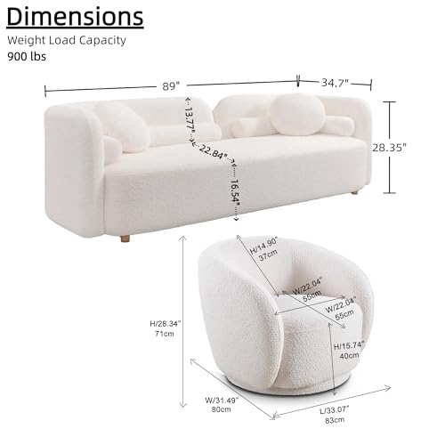 Image of Modern Curved Sofa Teddy Fabric Sofa Couches with 360 Degree Swivel Accent Chair Barrel Chair Tight Curved Back Cloud Couch 2 Piece Couch Sets for Living Room Bedroom Office Apartment Studio