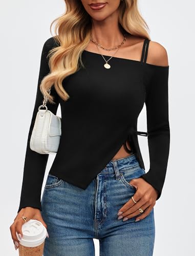 Womens Long Sleeve Tops Off Shoulder Shirts Trendy Going Out Tshirts Ruched Slim Fit Y2K Tee Blouse2