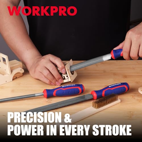 WORKPRO Metal File Set 3PCS 8 Inch High Carbon Steel Flat, Round & Half-Round Files for Metal, Wood & Plastic, Durable Hand Tools for Shaping, Smoothing & Finishing