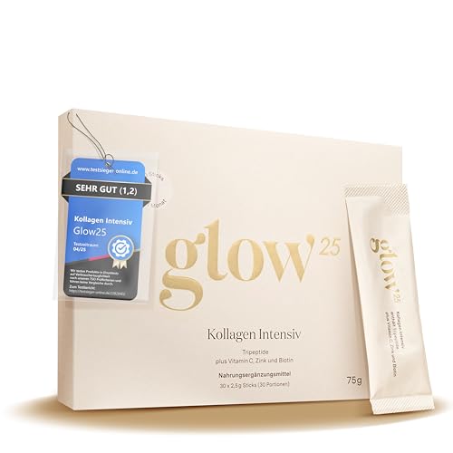 Glow25® Kollagen Intensiv [30 Sticks] – mit Tripeptiden, Vitamin C, Zink und Biotin – Premium Marine Collagen Hydrolysat – Peptide Typ 1 und 3 – Gute Löslichkeit 1