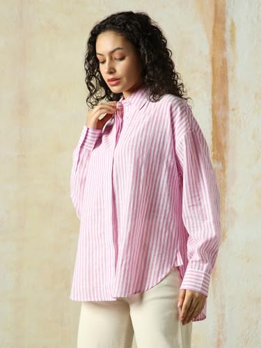 Image of HIGH Star Oversized Striped Cotton Shirt for Women | Stylish Tops for Women | Comfortable and Trendy Casual Shirt