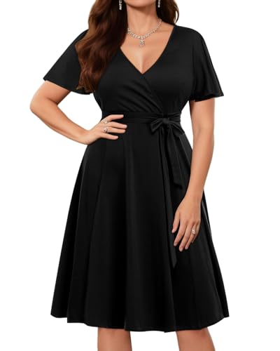 Pinup Fashion Damen Übergröße Wickelkleid V-Ausschnitt Flatterärmel Floral Midi Kleid Casual Party Brautjungfer Swing Kleid - Schwarz - 52 Mehr