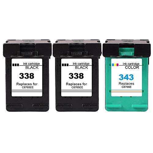 Ksera Remanufacturado HP 338 343 Cartucho de Tinta, Paquete de 3 (2 Negro + 1 Tricolor) C8765E /C8766E para HP DeskJet 460 5740 6540 6620 6840 9800 HP Officejet 7410 6210 4212 6215