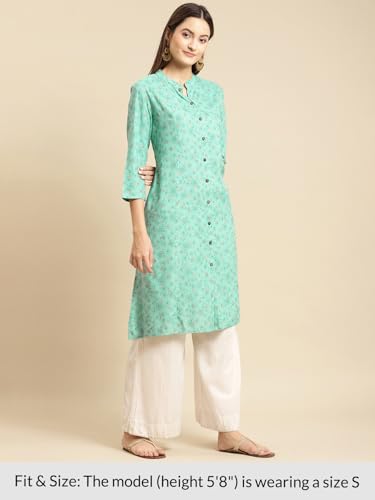 Image of rangita Turquoise Rayon Calf Length Printed Front Slit Kurti for Women | Kurta for Women