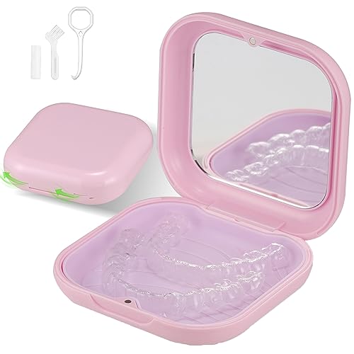 Estojo retentor, estojo fino alinhador com espelho, compatível com Invisalign, protetor noturno e protetor bucal, estojo retentor premium, com ferramenta de remoção de alinhador, mastigar e escova, rosa