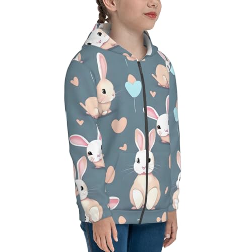 Cartoon cute bunny Print Girls Athletic Zip Up Hoodies,Sweatshirts with Pockets Long Sleeve Hooded Jackets, for 7-18 Y3